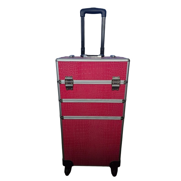 Rolling Makeup Train Case Cosmetic Organizer Trolley Storage Pink Croc - Picture 1 of 11